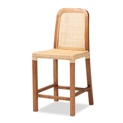 Baxton Studio Caspia Mid-Century Modern Walnut Brown Finished Wood and Natural Rattan Counter Stool